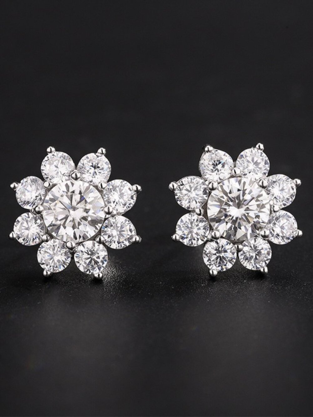 1ct + 1ct Each, Certified Round Moissanite Flower Stud - 6.5 mm, D Grade- ME005